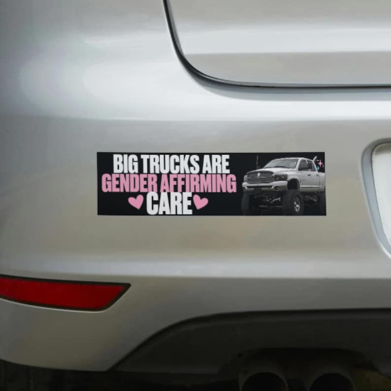 May include: A rectangular bumper sticker with a black background featuring the white and pink text BIG TRUCKS ARE GENDER AFFIRMING CARE with two pink hearts and a white pickup truck on the right side, applied to a silver vehicle bumper.