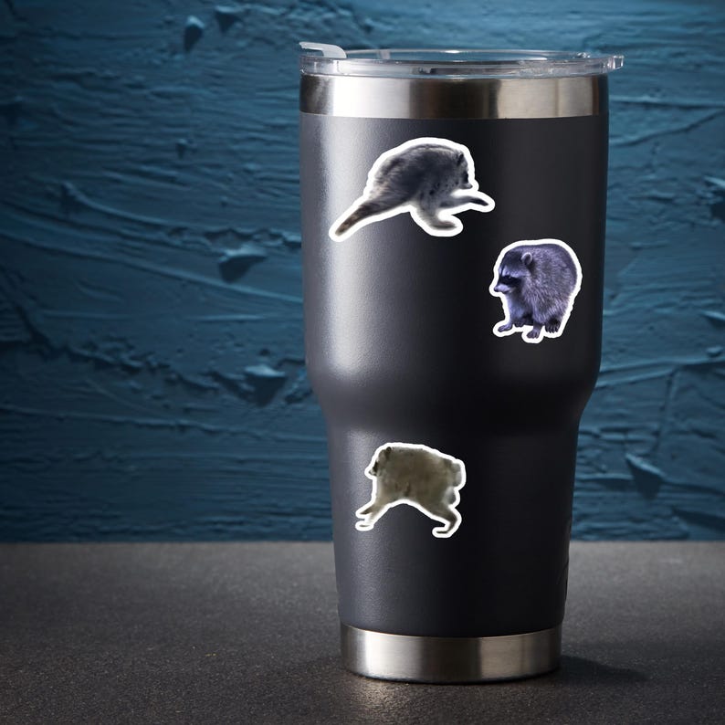 May include: A dark gray stainless steel tumbler with a clear plastic lid featuring three distinct raccoon stickers. The stickers depict raccoons in various poses, including one standing, one walking, and one in a crouched position, all with white borders.