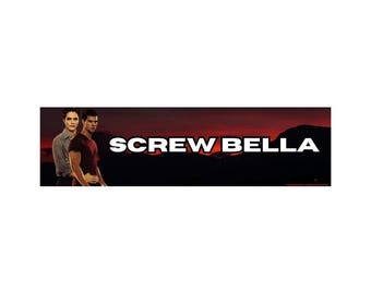 May include: A rectangular banner with the text "SCREW BELLA" in bold white letters. The banner features two men in front of a dark red and black background. One man is wearing a gray shirt, and the other is wearing a red shirt.