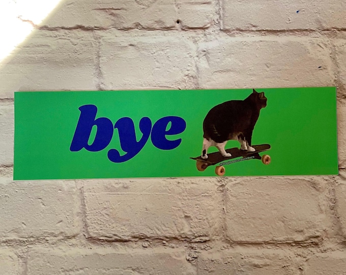Bye Skateboard Cat Bumper Sticker or Magnet, Funny Gen Z Meme Car Decal, Waterproof Vinyl Cat Lover Gift Idea