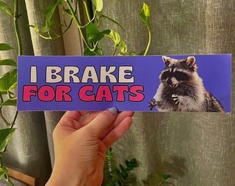I Brake For Cats     | Raccoon Sticker | Animal Lover Sticker | Cute | Satire | 8.5&quot; x 2.5&quot; | Bumper Sticker OR Magnet