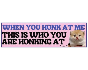 May include: A pink bumper sticker with the text "WHEN YOU HONK AT ME THIS IS WHO YOU ARE HONKING AT" in blue and black font. A cartoon kitten with orange and white fur is on the right side of the sticker.