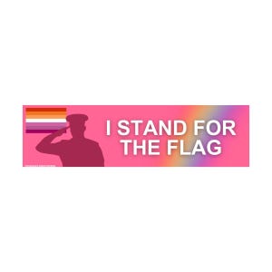 May include: A rectangular sticker with a pink background. The sticker features a silhouette of a person saluting, a rainbow gradient, and the text "I STAND FOR THE FLAG". The lesbian pride flag is on the left.