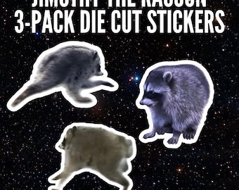 Jimothy Raccoon Sticker Pack, 3 Two Inch Die Cut Decals, Seattle Meme Trash Panda Laptop Stickers, Funny PNW Gift for Raccoon Fans