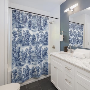 Toile Shower Curtain Cottage Toile de Jouy French Print Cottagecore Shower Curtain Toile Decor for Bathroom Blue White Bridal Shower Gift
