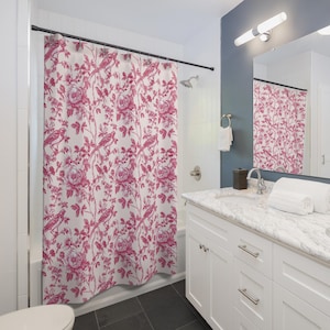 Toile Shower Curtain Bird Print Toile de Jouy French Print Cottagecore Shower Curtain Toile Decor for Bathroom Pink White Bridal Shower Gift