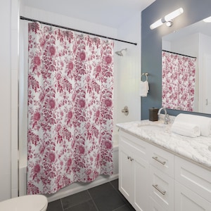 Toile Shower Curtain Floral Toile de Jouy French Print Cottagecore Shower Curtain Toile Decor for Bathroom Pink White Bridal Shower Gift