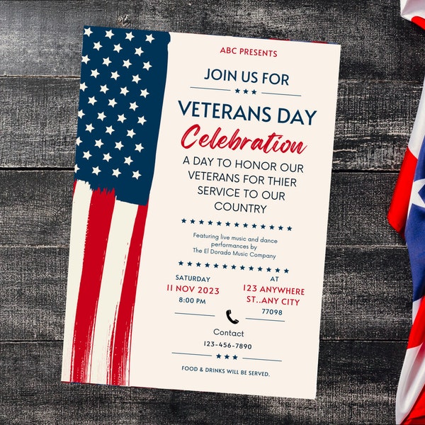 Editable Veterans Day Canva Template, Celebrate Veterans Day,Poster Size, November 11th, Canva Digital Invitation Template by InsiderStyles