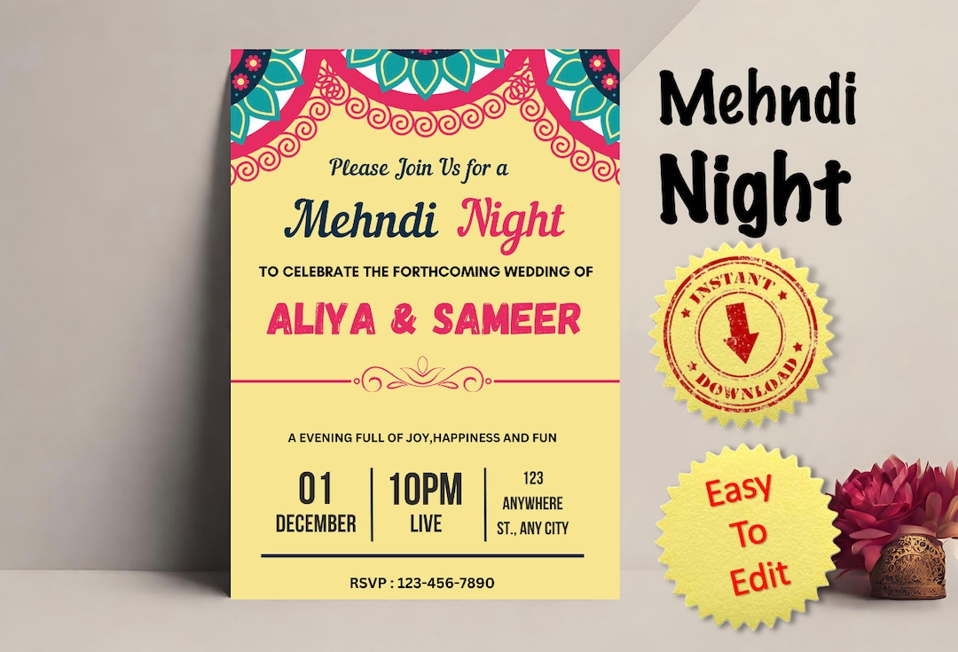 Mehndi Night Invitation Template, Editable Mehandi Night Invitation