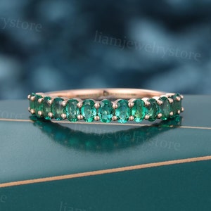 Emerald wedding band Unique Solid Rose gold band May Birthstone Jewelry Half eternity Ring Bridal Stacking Matching band Anniversary ring