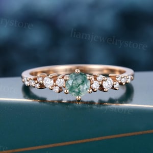 Vintage Moss agate engagement ring Unique Rose gold engagement ring Lab grown Diamond cluster ring Art deco promise anniversary ring gift