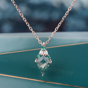 Kite cut Moss agate pendant necklace unique marquise cut emerald pendant vintage rose Gold Bridal necklace diamond wedding necklace gift