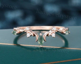 Vintage Twig Green Moss Agate Curved wedding band Unique Rose gold ring Marquise cut Lab grown Diamond Matching band Wedding Branch ring