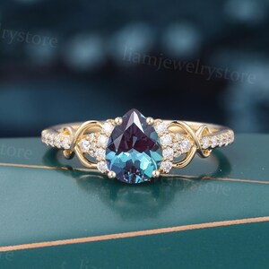 Pear cut Alexandrite engagement ring Unique yellow gold wedding ring Diamond bridal ring Art deco promise anniversary ring gift for her
