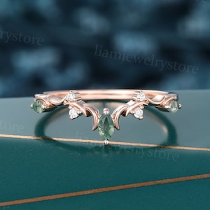 Vintage Twig Green Moss Agate Curved wedding band Unique Rose gold ring Marquise cut Lab grown Diamond Matching band Wedding Branch ring