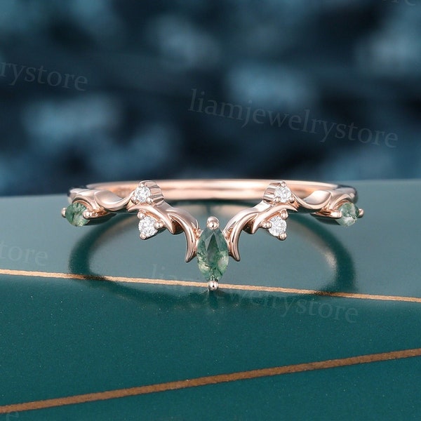 Vintage Twig Green Moss Agate Curved wedding band Unique moissanite Rose gold ring Marquise cut Diamond Matching band Wedding Branch ring