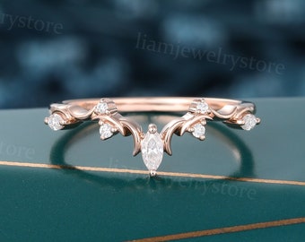 Vintage Twig Lab Grown Diamond Curved wedding band Rose gold ring Marquise cut Diamond Matching band Nature Inspired ring Bridal Branch ring
