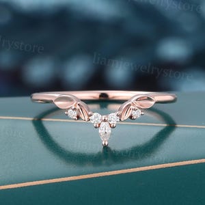 Unique Marquise cut Curved Wedding band Rose gold Lab grown Diamond ring vintage Matching band Stacking band Antique Bridal Promise ring