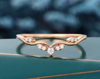 Vintage Curved Wedding band Unique Rose gold Round cut Lab grown Diamond Matching Stacking band Antique Bridal Promise ring for Women gift
