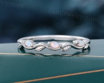 Marquise cut Opal wedding band Unique 14k white gold wedding band Leaf ring Nature inspired ring Bridal Stacking band Anniversary ring