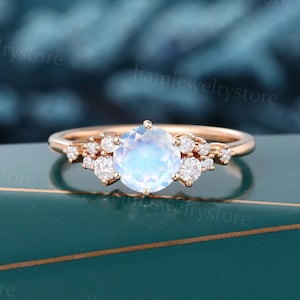 Vintage Moonstone engagement ring Unique Rose gold ring Lab Grown Diamond cluster ring Bridal Art deco promise anniversary ring for women