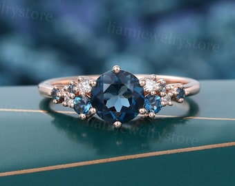 London Blue Topaz engagement ring Unique Rose gold ring Round cut diamond cluster ring Bridal Art deco promise anniversary ring for women