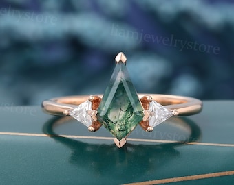 Kite cut Moss agate engagement ring Unique Triangle cut moissanite rose gold ring Vintage diamond ring Wedding promise anniversary ring