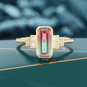 Unique Emerald cut Watermelon Tourmaline engagement ring Vintage yellow gold wedding ring Diamond cluster ring Art deco bridal ring gift