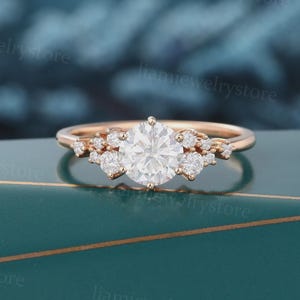 Moissanite engagement ring Unique Rose gold ring Round cut diamond ring cluster ring Bridal Art deco promise anniversary ring for women
