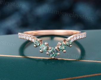 Blue green sapphire Curved Wedding band Unique Rose gold Round cut Lab grown Diamond Matching Stacking band Antique Bridal Promise ring gift