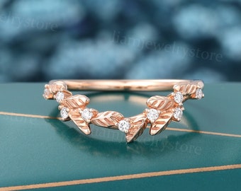 Moissanite twig wedding ring rose gold Vintage Nature inspired leaf ring round diamond curved matching ring unique anniversary promise band