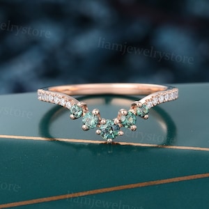 Blue green sapphire Curved Wedding band Unique Rose gold Round cut Lab grown Diamond Matching Stacking band Antique Bridal Promise ring gift