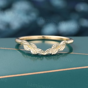Vintage Wedding curved band yellow gold ring wedding band V shaped bridal Promise Leaf ring Simple matching ring Wedding band gift for her
