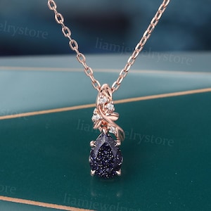 Pear cut Galaxy blue sandstone pendant necklace unique lab Grown Diamond pendant twist Rose Gold Bridal necklace unique wedding necklace