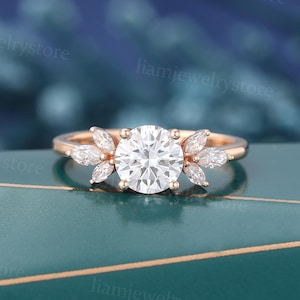 Unique Moissanite engagement ring vintage Rose gold engagement ring Marquise cut cluster diamond ring Wedding promise anniversary ring gift