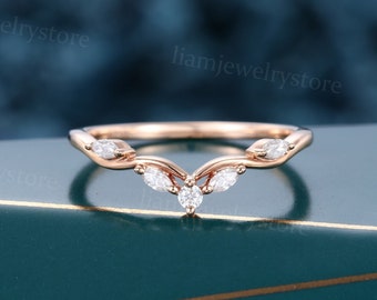 Vintage Curved Wedding band Unique Rose gold marquise cut Lab grown Diamond ring Matching band Stacking band Antique Bridal Promise ring