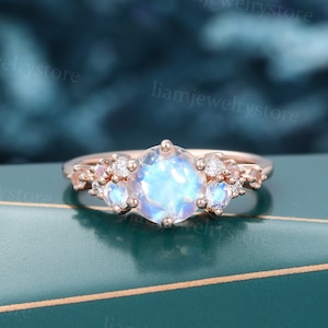 Vintage Moonstone engagement ring Unique Rose gold Moissanite ring Diamond cluster ring Bridal Art deco ring Promise anniversary ring