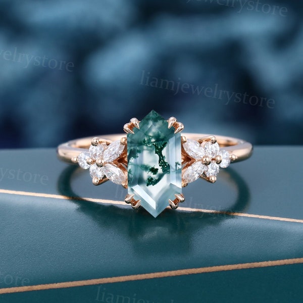 Elongated hexagon cut Moss agate engagement ring Unique moissanite Rose gold ring Marquise cut diamond ring Bridal Promise anniversary ring