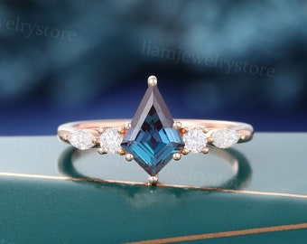 Kite cut Alexandrite engagement ring Unique rose gold Marquise cut Diamond ring five stones ring Art deco promise band anniversary ring