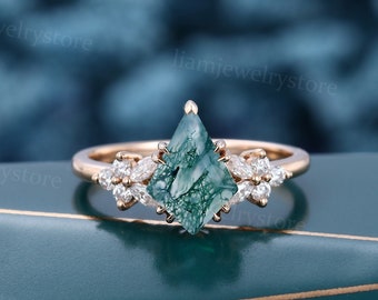 Kite shaped Moss agate engagement ring Unique rose gold moissanite ring Marquise cut diamond ring Infinity ring Promise anniversary ring