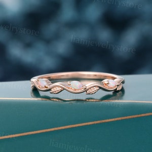 Opal Ehering Marquise cut Einzigartige 14k Roségold Trauring Blattring Natur inspiriert Ring Braut Stapelband Jubiläumsring