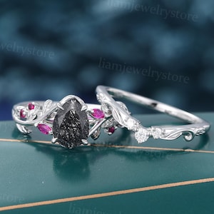 Tropfen Schwarzer Rutilquarz Verlobungsring Verlobungsring Verlobungsring Ehering Blatt Weißgold Ring Rubin Versprechen Jubiläum Ring Geschenk für sie