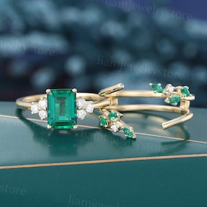 Unique Emerald engagement ring set vintage Yellow gold ring Marquise cut Emerald open Enhancer ring Bridal wedding ring set anniversary ring