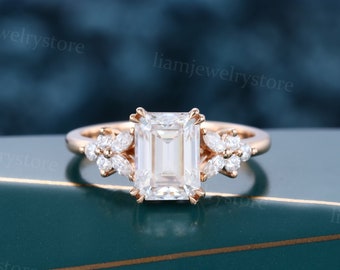 Emerald cut Moissanite engagement ring Unique rose gold engagement ring Marquise cut diamond ring Art deco Antique promise anniversary ring