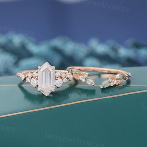 Elongated hexagon Moissanite engagement ring set Unique Rose gold ring Marquise cut moss agate ring Art deco promise anniversary ring