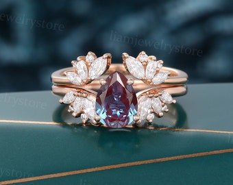 Pear shaped Alexandrite engagement ring set Unique Rose gold Moissanite ring Marquise cut Diamond Open band Bridal ring set promise ring