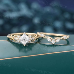 Unique Princess cut Moissanite engagement ring set Unique Yellow gold ring Marquise cut Diamond ring cluster Bridal ring set gift for her
