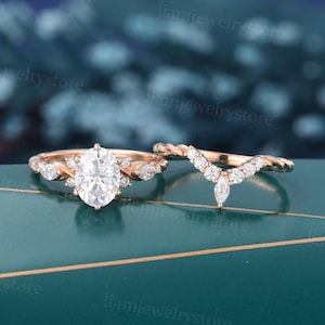Oval cut Moissanite engagement ring set unique Rose gold Marquise cut Diamond cluster ring 3/4 twisted ring Bridal wedding ring set gift