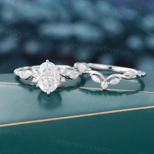 Oval cut Moissanite engagement ring set Unique White gold engagement ring Marquise cut Diamond ring Bridal wedding set promise ring gift