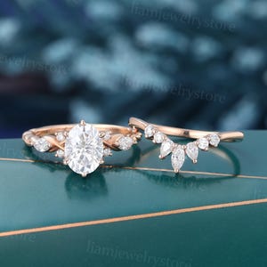 Oval cut Moissanite engagement ring set Rose gold Marquise cut 3/4 twisted ring Diamond cluster ring Bridal wedding ring set gift for her